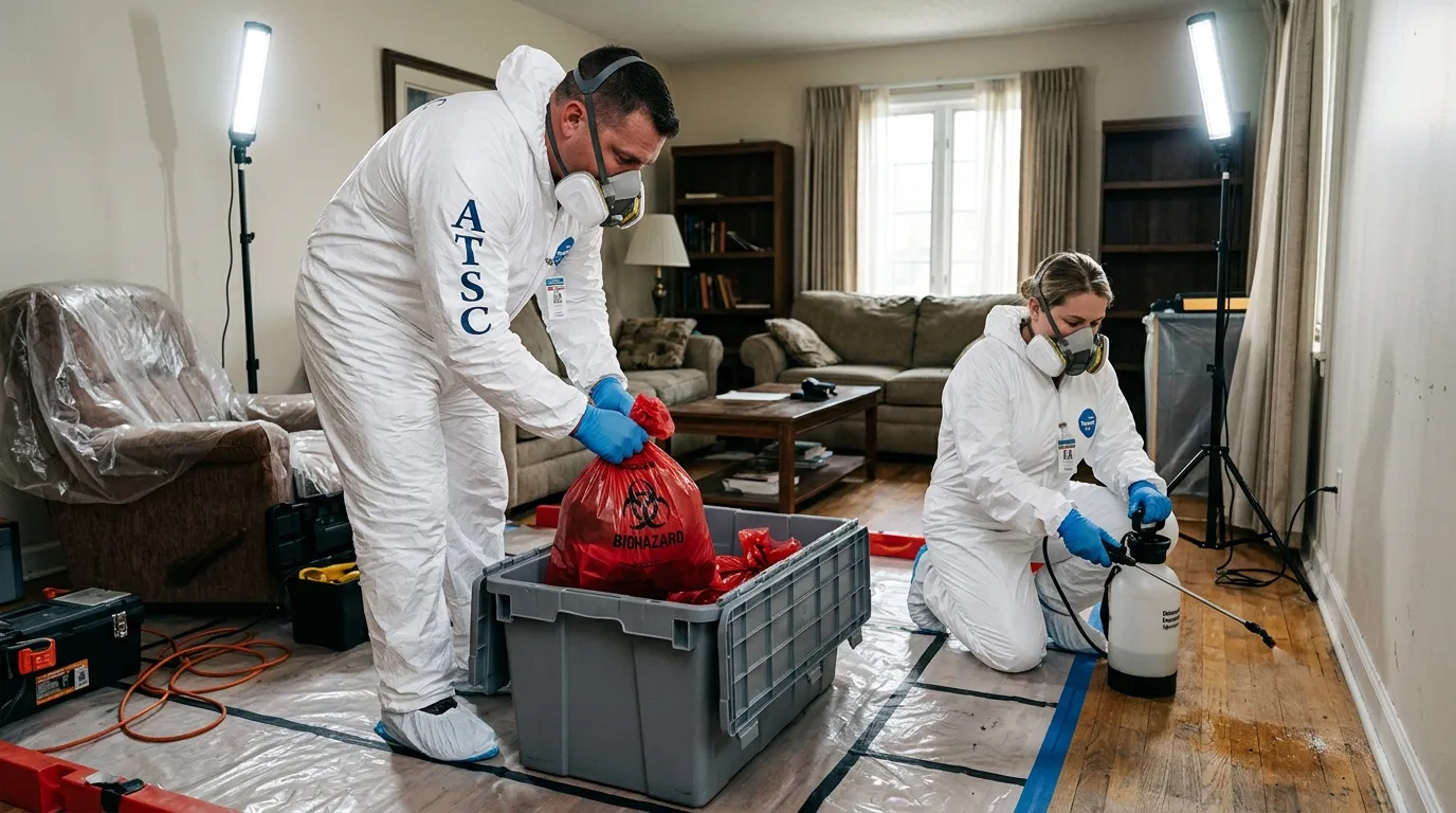 Professional Hoarding Cleanup technician in full PPE working in Gilbert